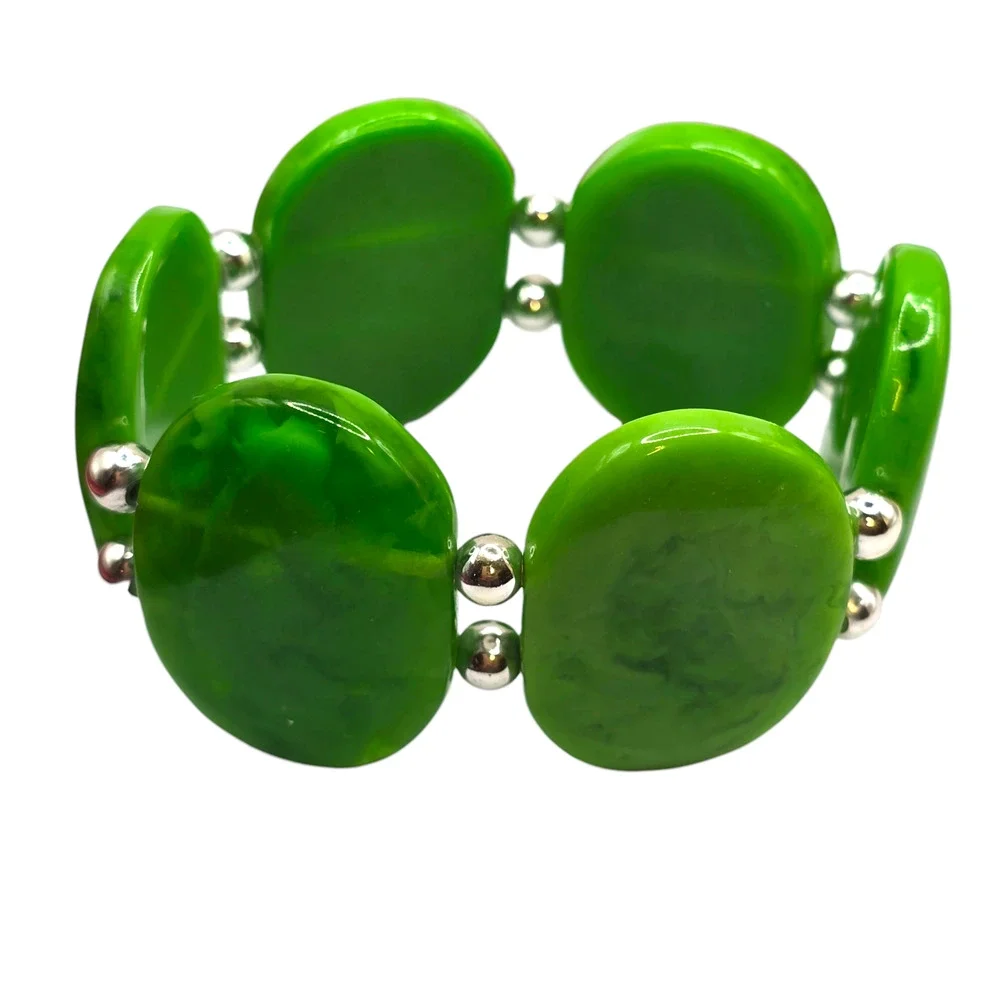 Chunky Stretch Green Beaded Bold Oval Plastic Silver Tone 7
